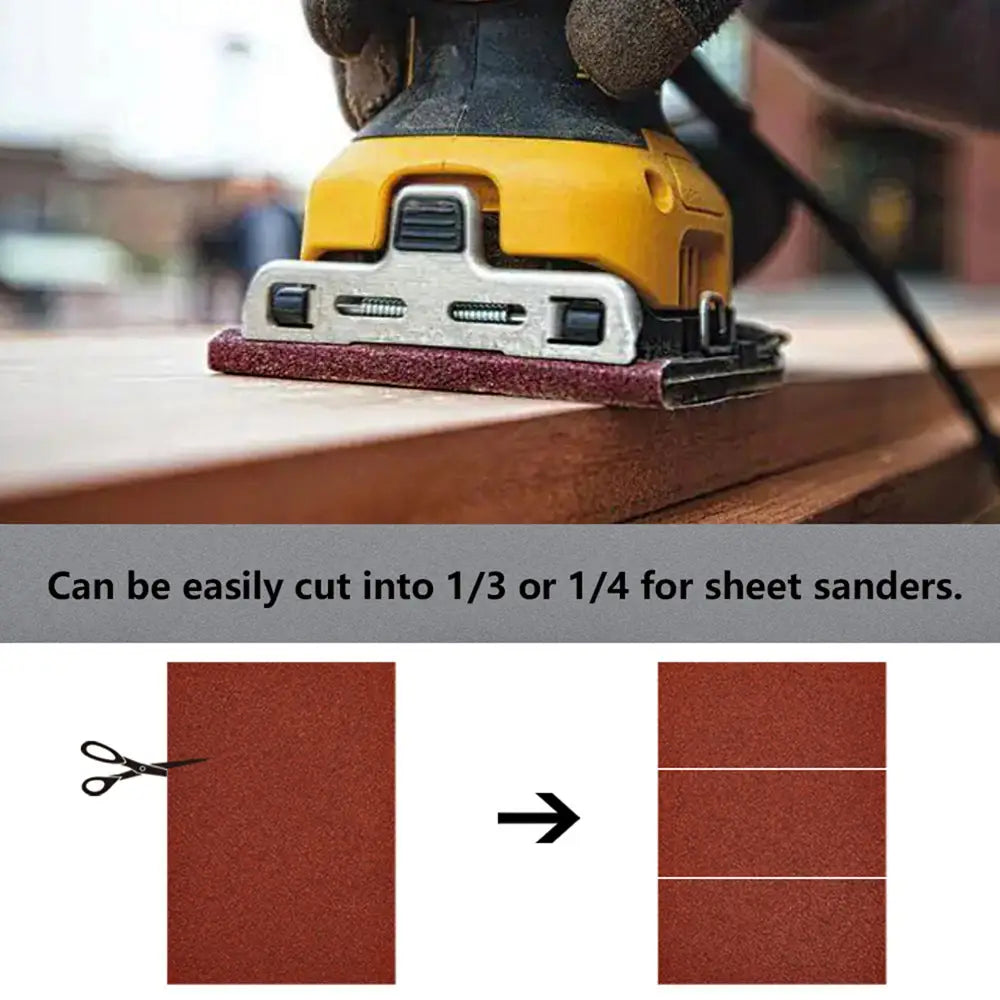 Sander on a piece of wood with text about cutting options for sheet sanders.