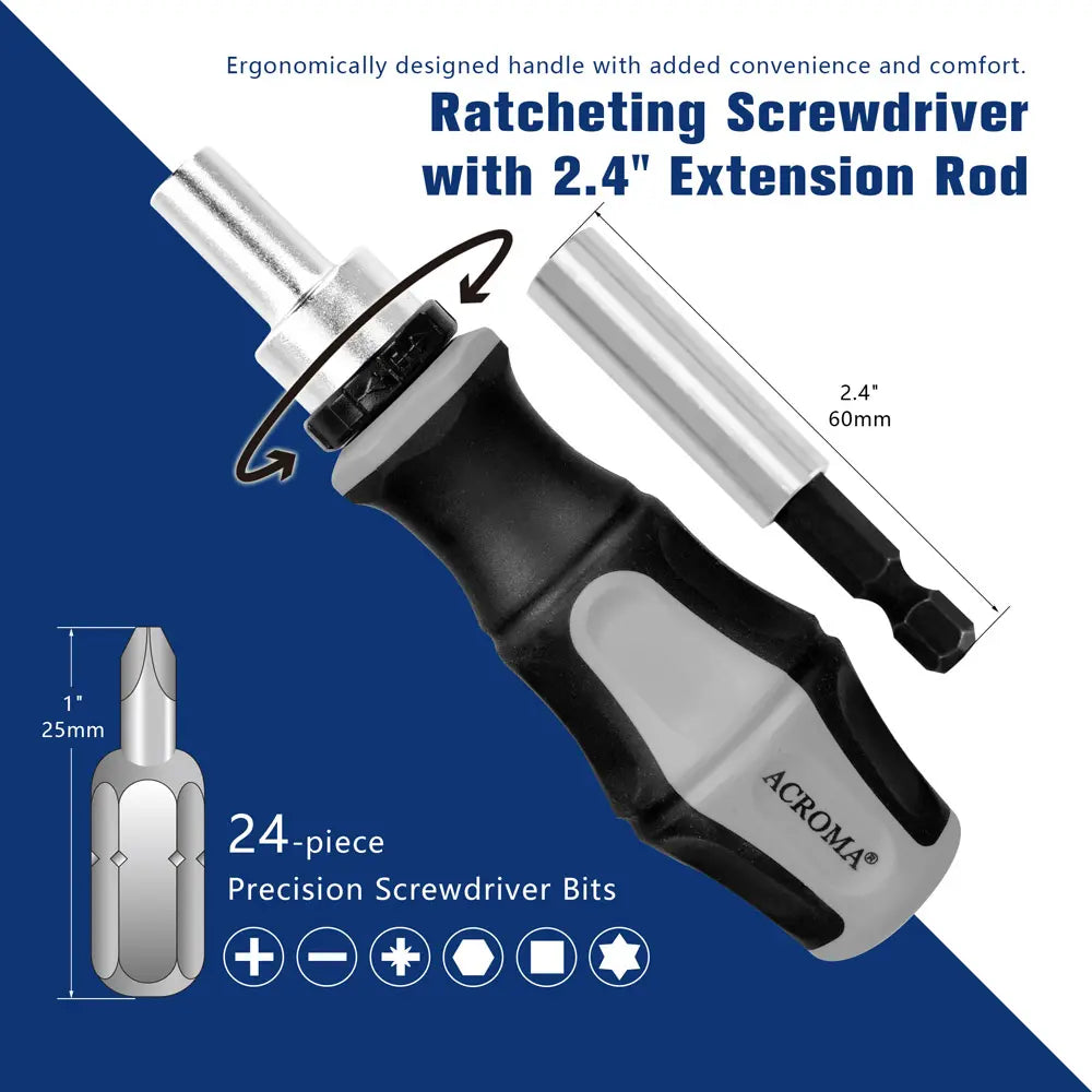 Ratcheting screwdriver with extension rod and ACROMA branding on a blue and white background