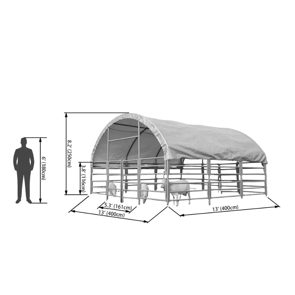 Diagram of a livestock shelter with dimensions and a silhouette of a person for scale.