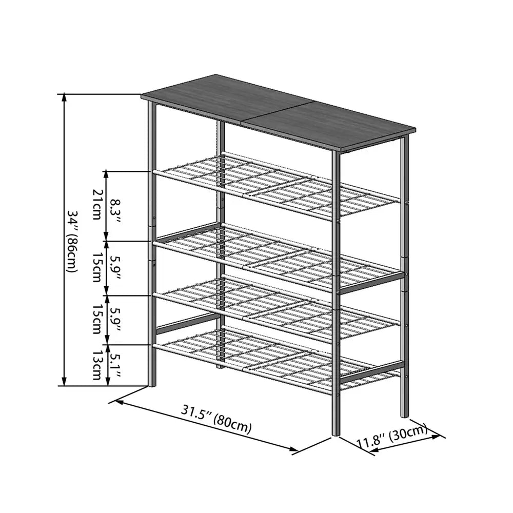 Measurement chart of a kitchen island with shelves and dimensions.