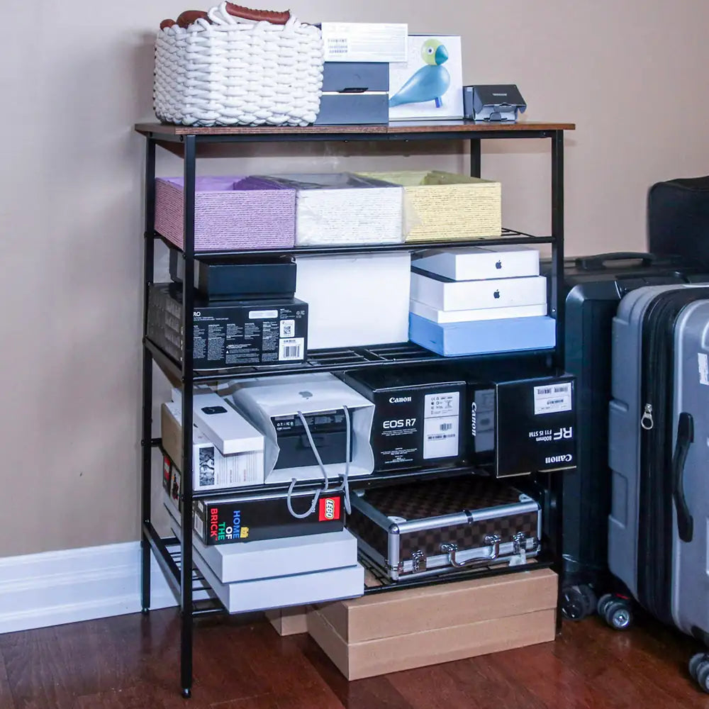 Storage rack with boxes and equipment against a beige wall