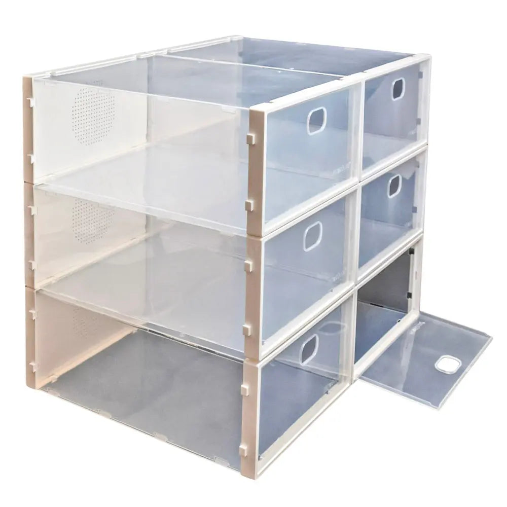 Stackable storage boxes with clear plastic fronts on a white background
