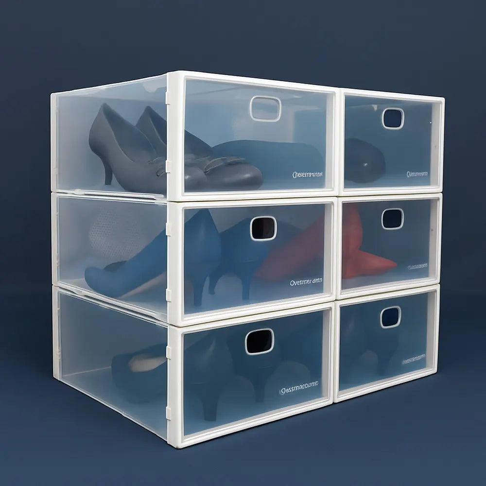 Stack of clear shoe boxes with shoes inside on a dark blue background