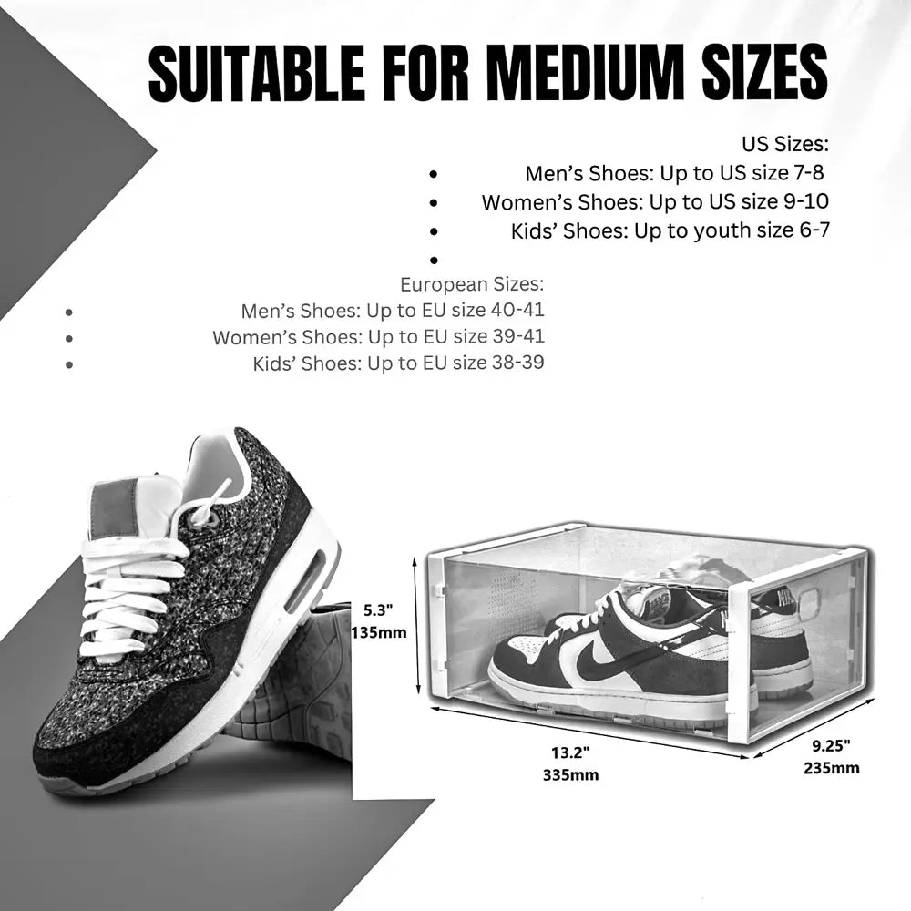 Shoe packaging with size chart and shoe dimensions on a gray background