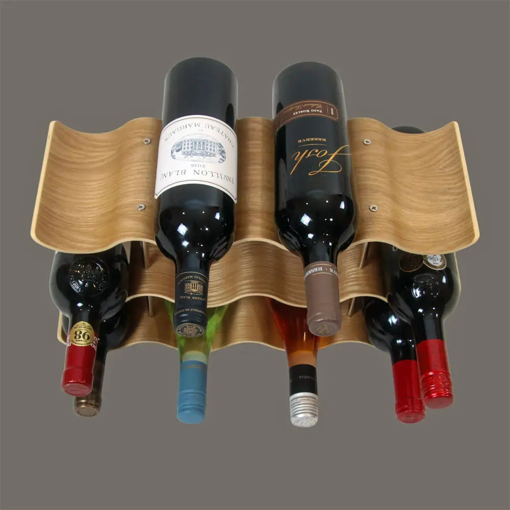 Wooden wine bottle holder with eight wine bottles on a gray background