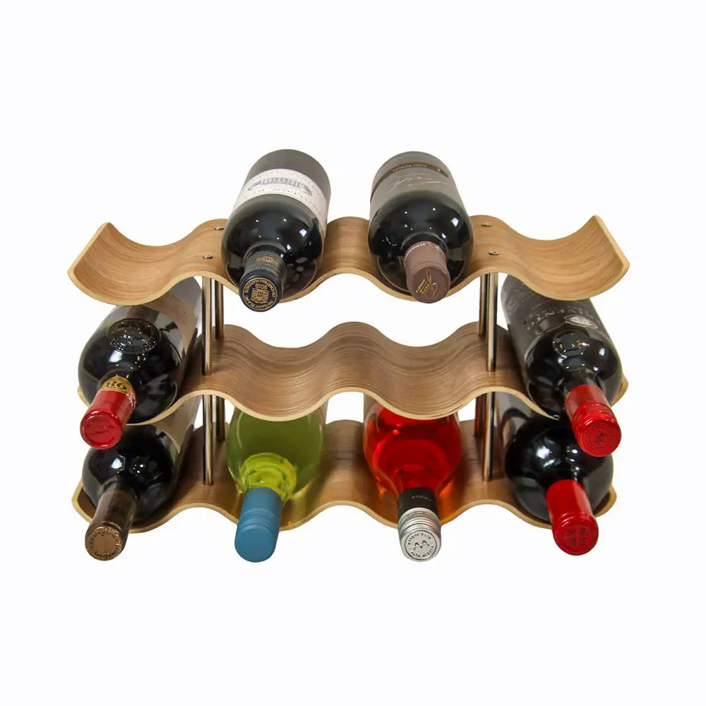 Wooden wine rack holding multiple bottles of wine on a white background