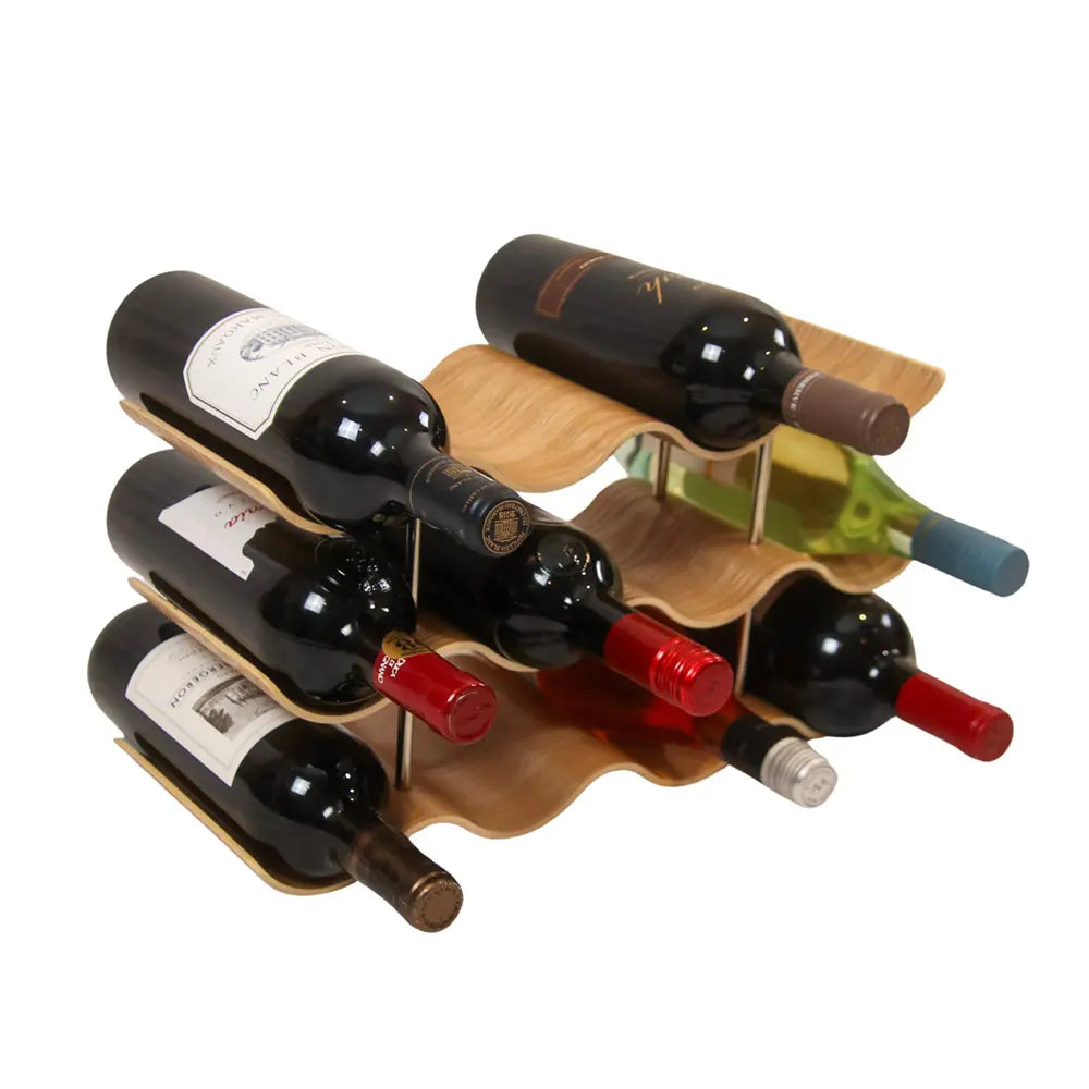 Wooden wine rack holding six bottles of wine on a white background