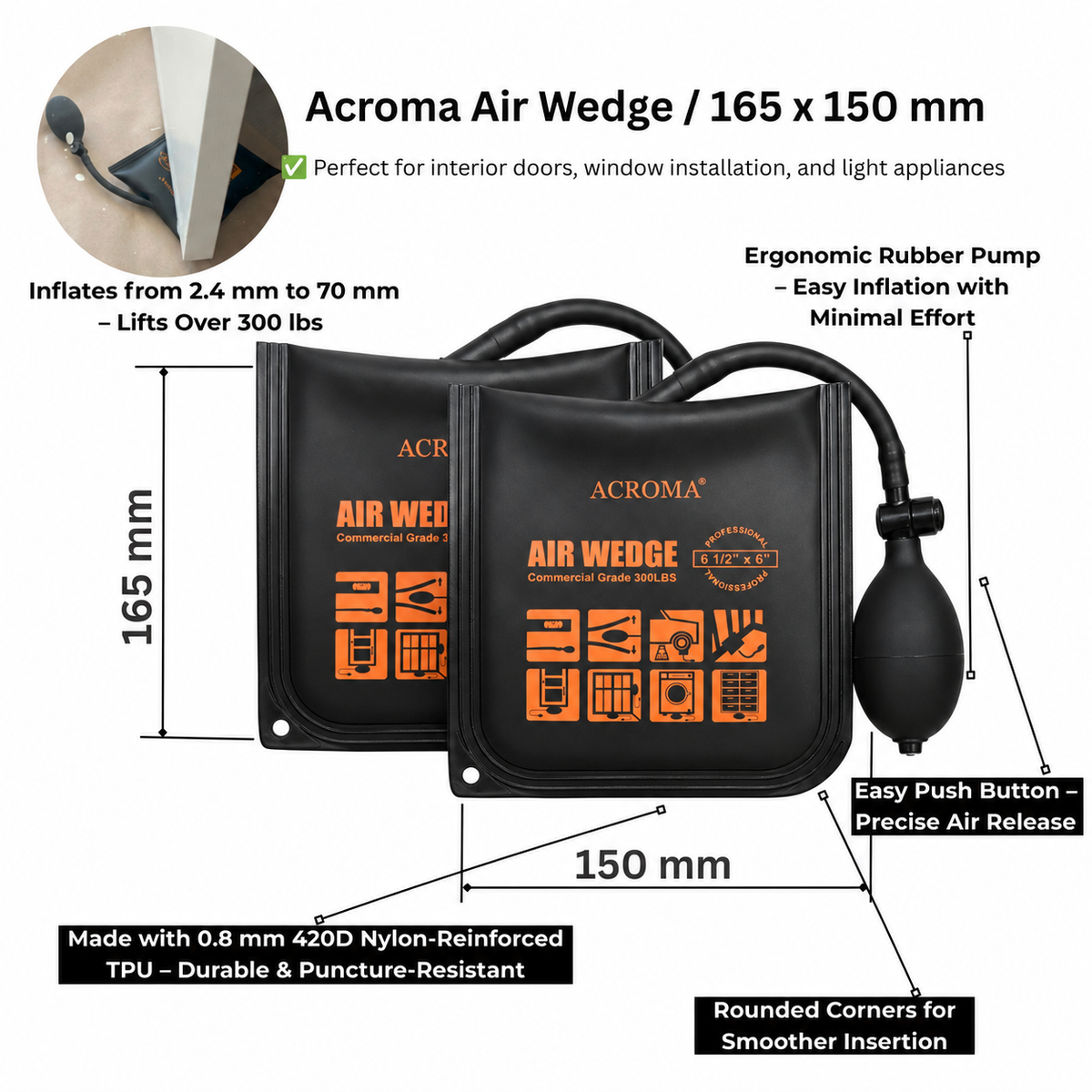 Acroma air wedge dimensions diagram showing a black inflatable wedge, hand pump and product specifications.