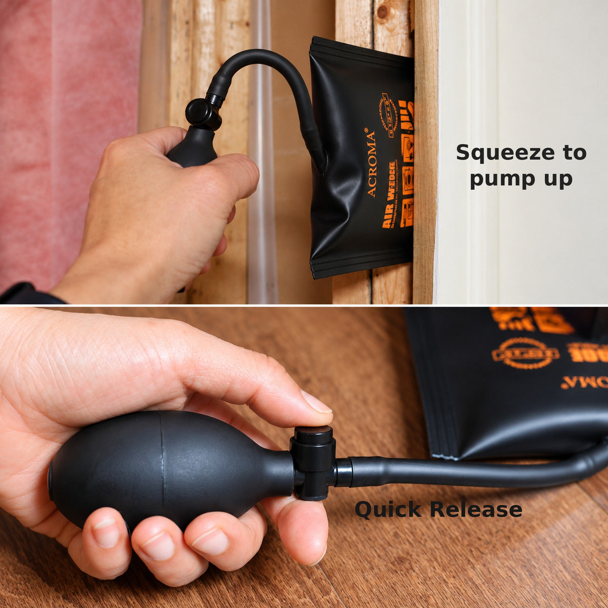Acroma inflatable air wedge operation showing the hand pump inflating the wedge and a close-up of its air release valve.