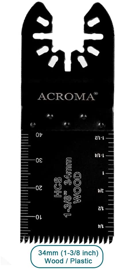 Close-up of Acroma 34mm (1-3/8 inch) HCS oscillating saw blade with inch and centimeter depth markers for wood and plastic