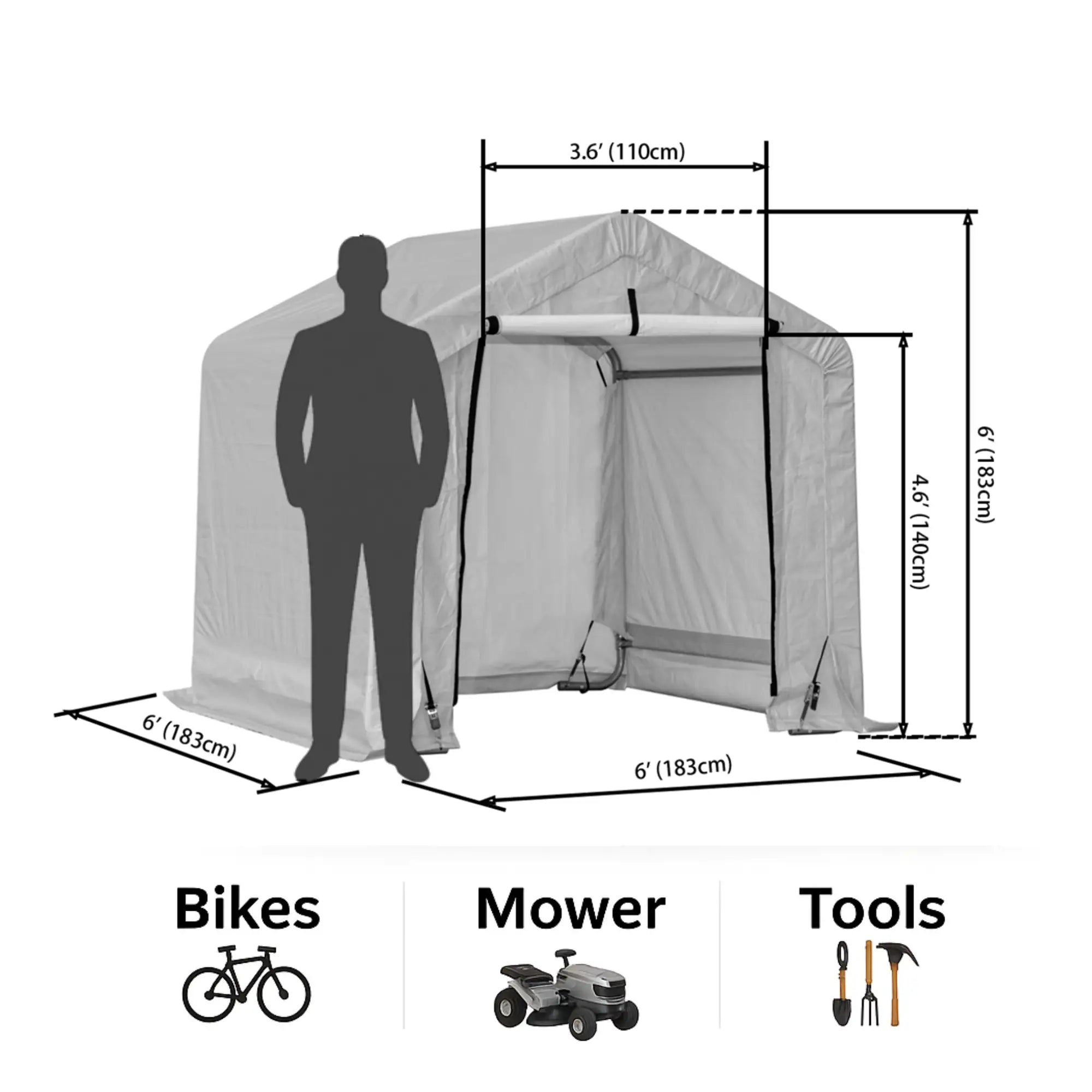 Measurement chart of a portable garage with dimensions and items it can accommodate.