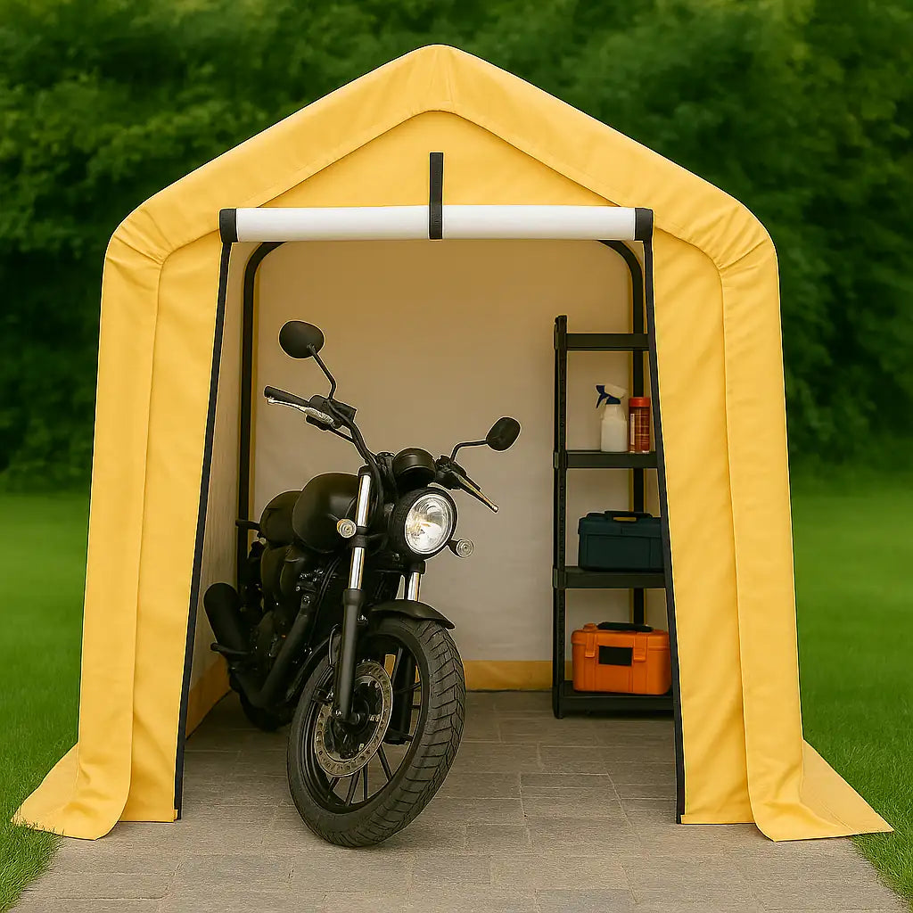 Yellow garage shed with a motorcycle inside, shelves with items on a green outdoor background