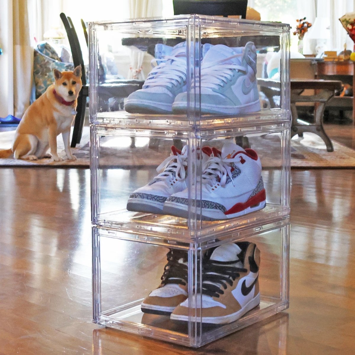 HomeDude Clear Stackable Shoe Organizer Boxes ?€? Set of 3, Front Drop - Down Opening - HomeDude OakHomeDude Clear Stackable Shoe Organizer Boxes ?€? Set of 3, Front Drop - Down OpeningShoe BoxHomeDude Oak