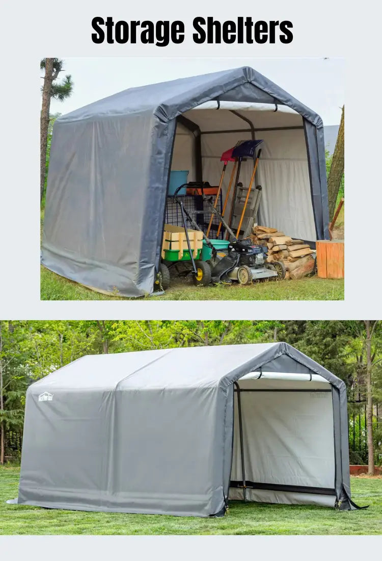 HomeDude gray outdoor storage shelter for tools and equipment