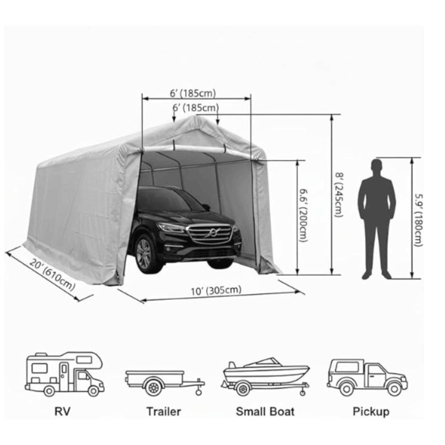 HomeDude 10 x 20 ft Carport Shelter – 150 g/m² waterproof cover & steel frame