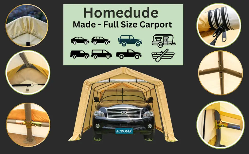 Homedude full-size carport with car illustration and Acroma branding
