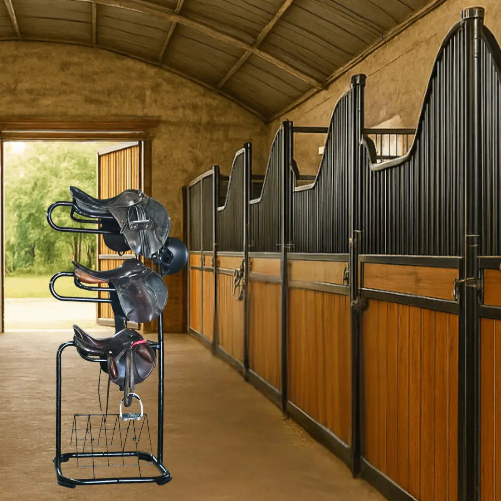 HomeDude 3-Tier Freestanding Saddle Stand – Heavy Duty Horse Saddle Rack with Rotating Tiers, Blanket Shelf & Bridle Hooks