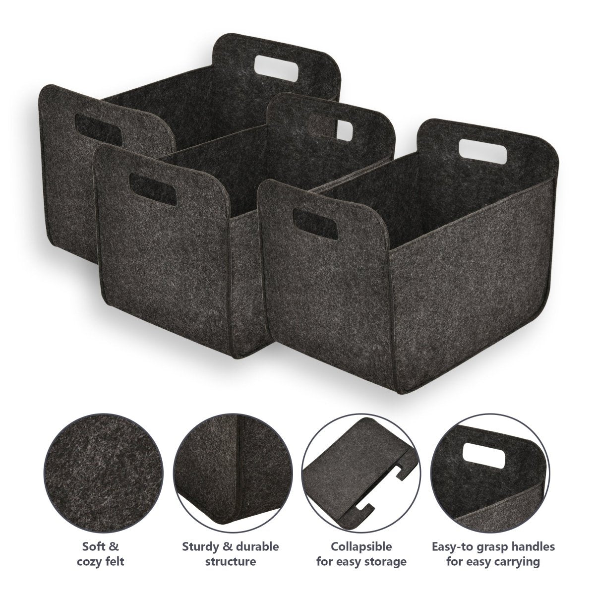 3 - Pack Felt Storage Bins – 38x25x25cm - Grey - HomeDude Oak3 - Pack Felt Storage Bins – 38x25x25cm - GreyFelt BasketsHomeDude Oak