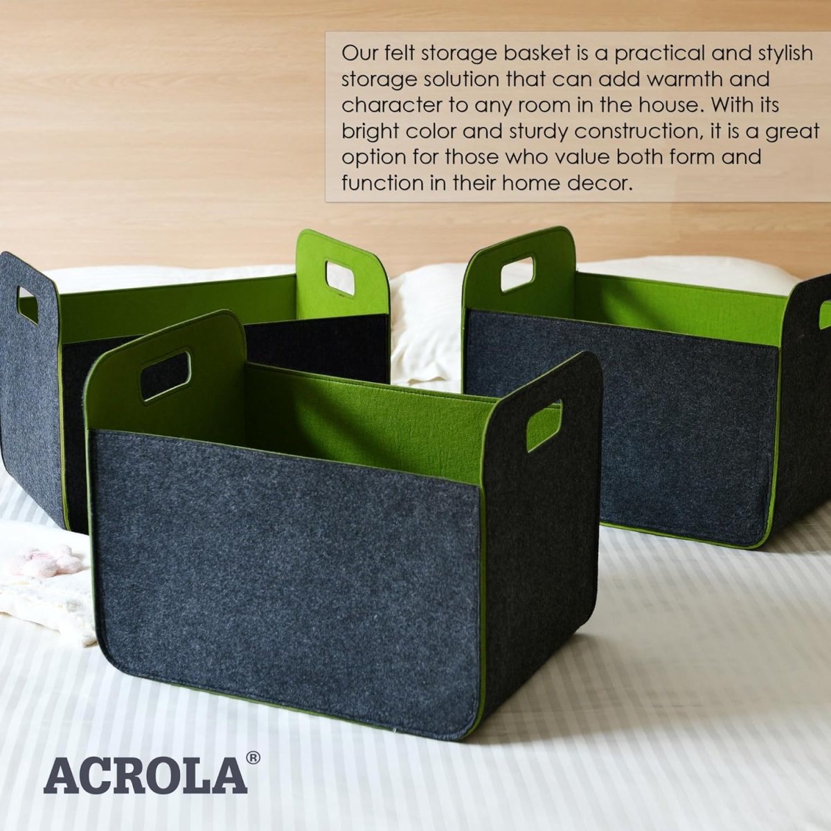 3 Pack of 42x30x30cm Felt Storage Basket - Green - HomeDude Oak3 Pack of 42x30x30cm Felt Storage Basket - GreenFelt BasketHomeDude Oak