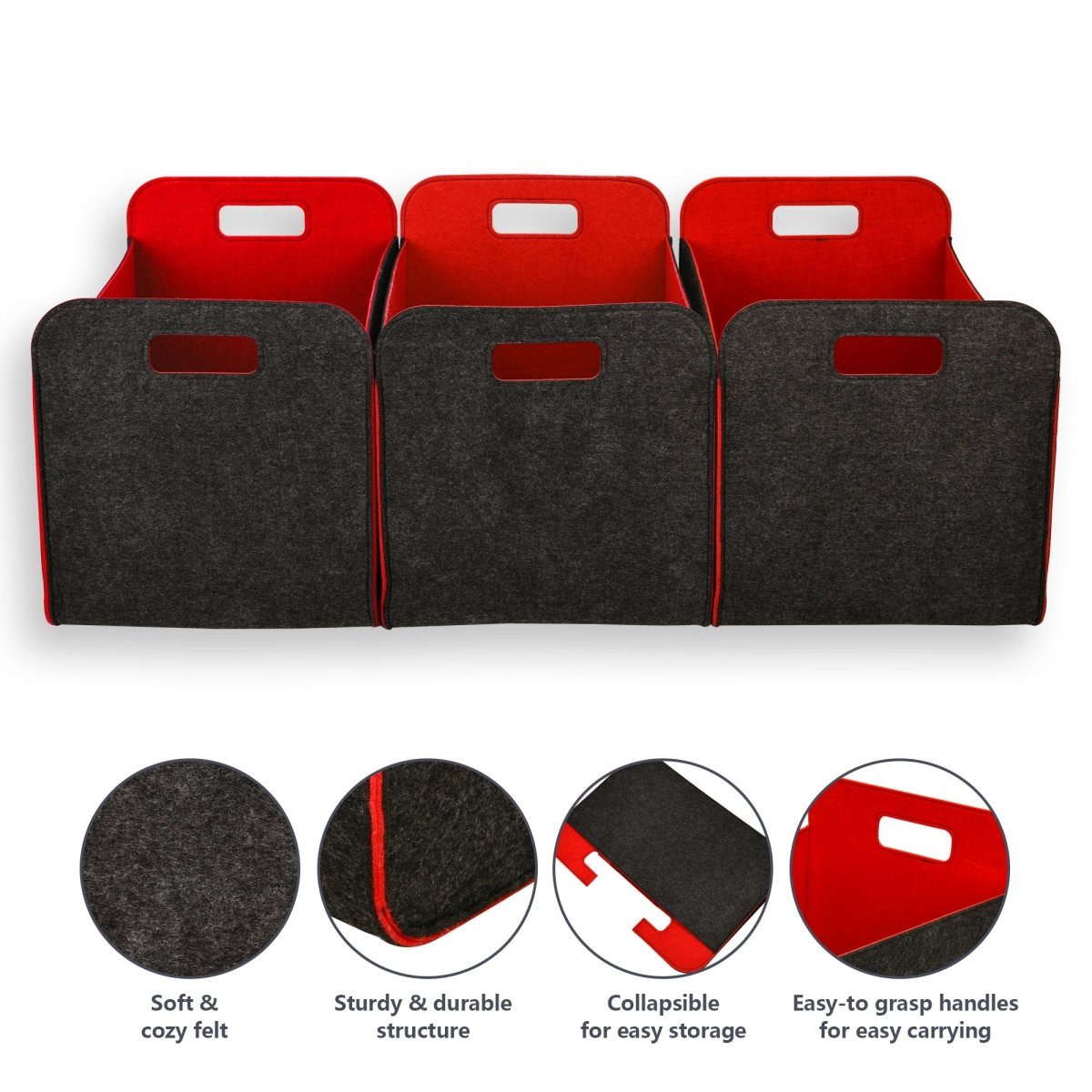 3 Pack of 42x30x30cm Felt Storage Basket - Red - HomeDude Oak3 Pack of 42x30x30cm Felt Storage Basket - RedFelt BasketHomeDude Oak