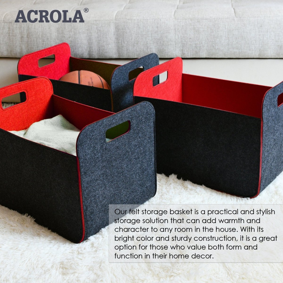 3 Pack of 42x30x30cm Felt Storage Basket - Red - HomeDude Oak3 Pack of 42x30x30cm Felt Storage Basket - RedFelt BasketHomeDude Oak