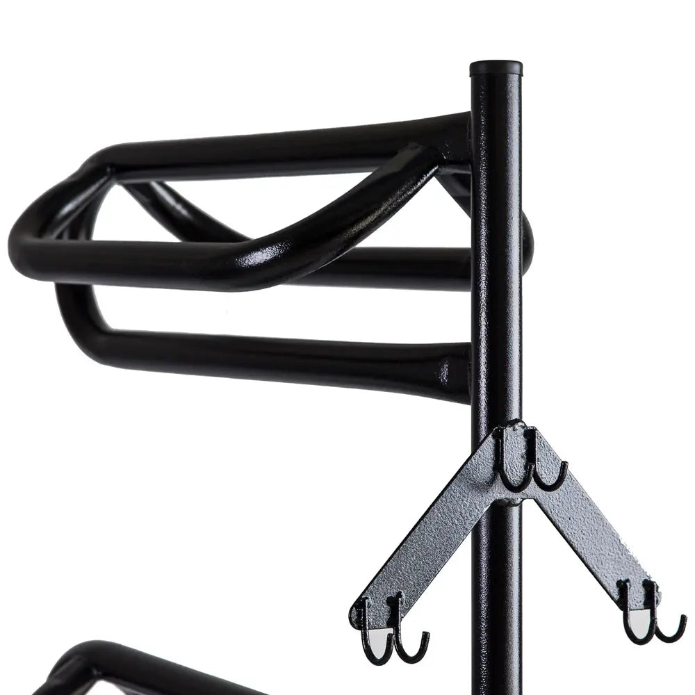 3-tier freestanding saddle rack side view - heavy duty steel frame with bridle hooks