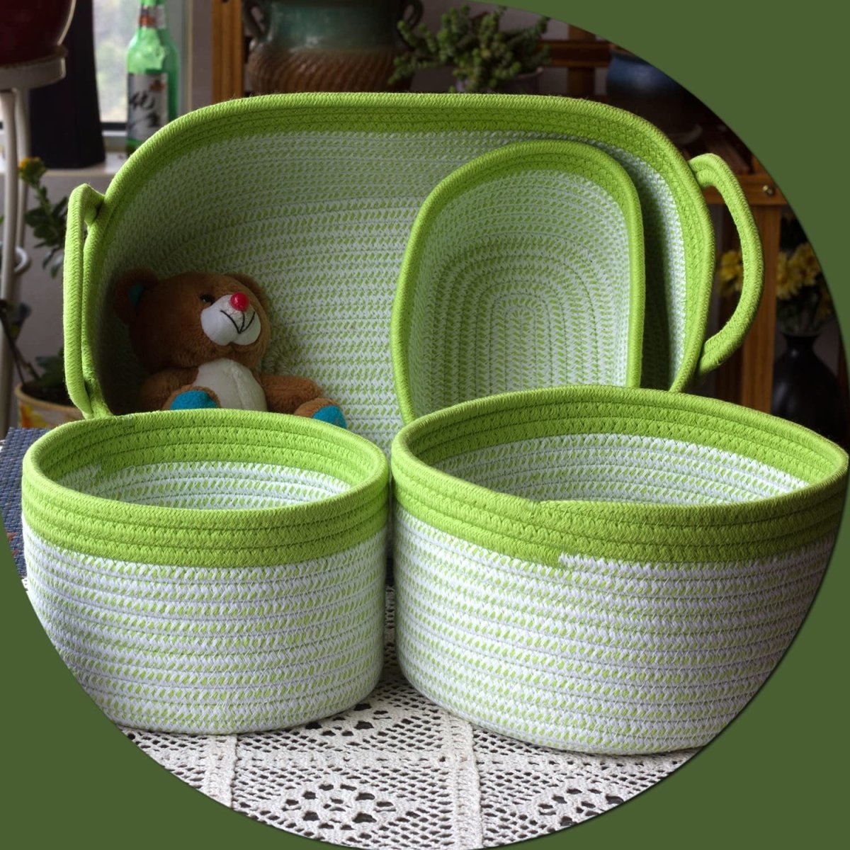 4 - Pack Cotton Rope Storage Baskets - Green - HomeDude Oak4 - Pack Cotton Rope Storage Baskets - GreenCotton Rope BasketHomeDude Oak