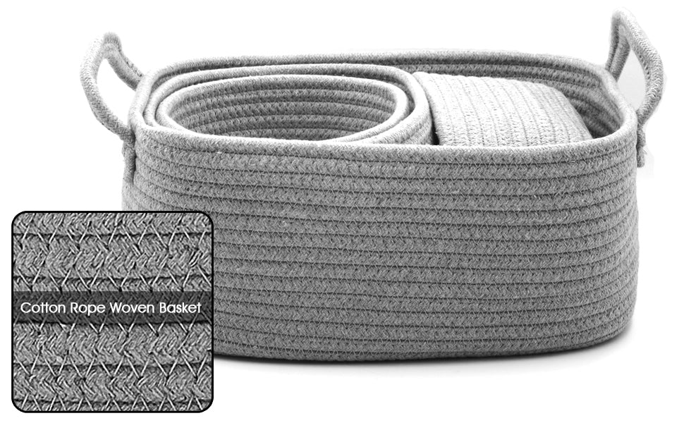 4 - Pack Cotton Rope Storage Baskets - Grey - HomeDude Oak4 - Pack Cotton Rope Storage Baskets - GreyCotton Rope BasketHomeDude Oak