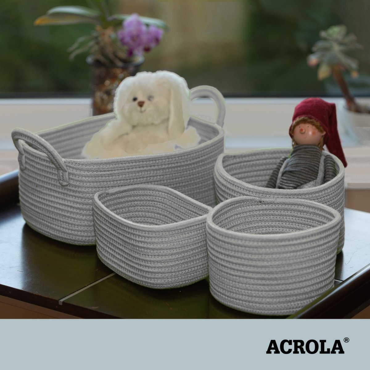 4 - Pack Cotton Rope Storage Baskets - Grey - HomeDude Oak4 - Pack Cotton Rope Storage Baskets - GreyCotton Rope BasketHomeDude Oak