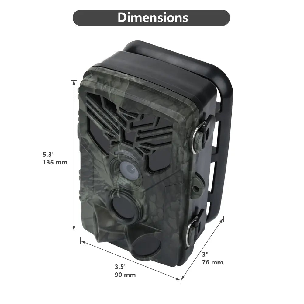 Dimensions of the 4K trail camera – 5.3 inches height, 3.5 inches width, 3 inches depth.