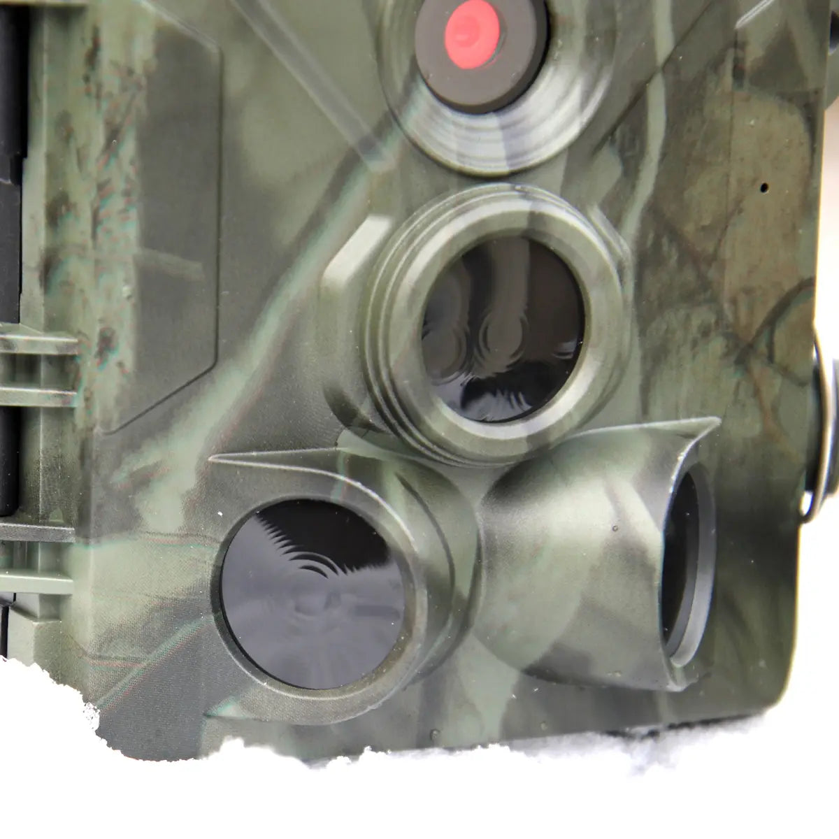 Detail view of the 4K trail camera lens and motion sensors for high-definition wildlife monitoring.