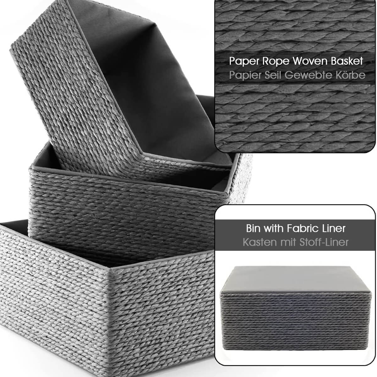 5 - Pack Woven Storage Baskets Multi - Size Grey - Decorative Home Organization - HomeDude5 - Pack Woven Storage Baskets Multi - Size Grey - Decorative Home OrganizationPaper Rope BasketHomeDude