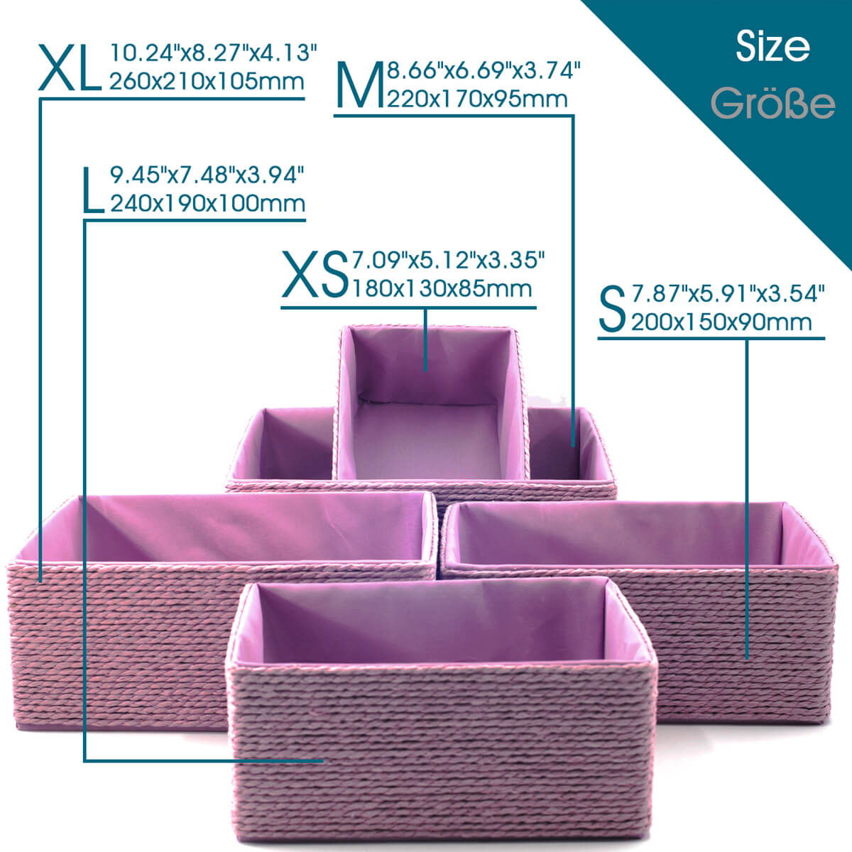 5 - Pack Woven Storage Baskets Multi - Size Lilac - Decorative Home Organization - HomeDude5 - Pack Woven Storage Baskets Multi - Size Lilac - Decorative Home OrganizationPaper Rope BasketHomeDude