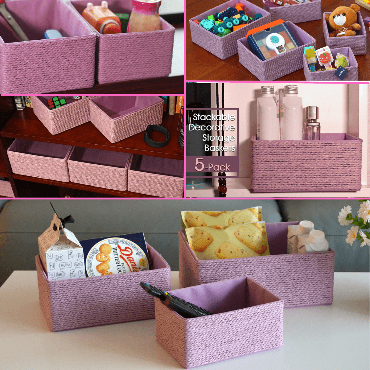 5 - Pack Woven Storage Baskets Multi - Size Lilac - Decorative Home Organization - HomeDude5 - Pack Woven Storage Baskets Multi - Size Lilac - Decorative Home OrganizationPaper Rope BasketHomeDude