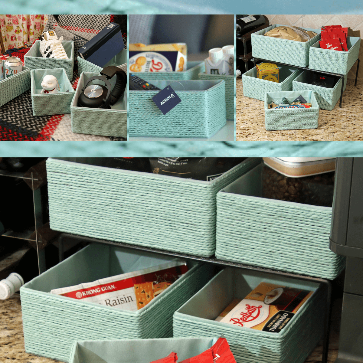 5 - Pack Woven Storage Baskets Multi - Size - Mint Green - Decorative Home Organization - HomeDude5 - Pack Woven Storage Baskets Multi - Size - Mint Green - Decorative Home OrganizationPaper Rope BasketHomeDude