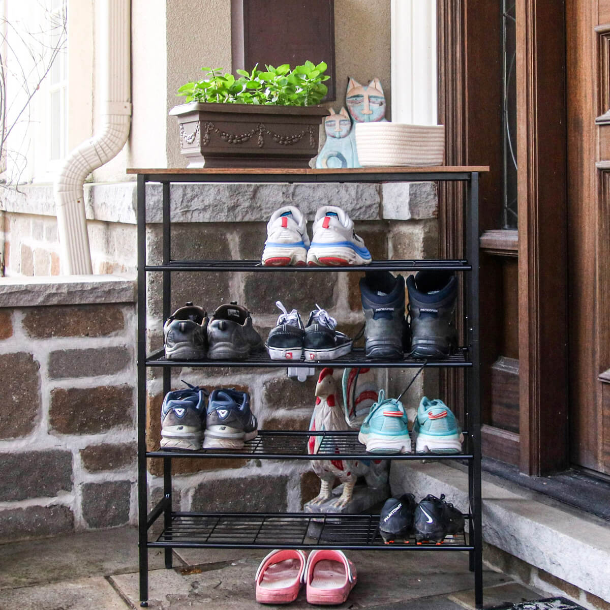 5 - Tier Metal Shoe Rack | Wood Top Shelf | Entryway Organizer | Homedude - HomeDude5 - Tier Metal Shoe Rack | Wood Top Shelf | Entryway Organizer | HomedudeShoe RackHomeDude
