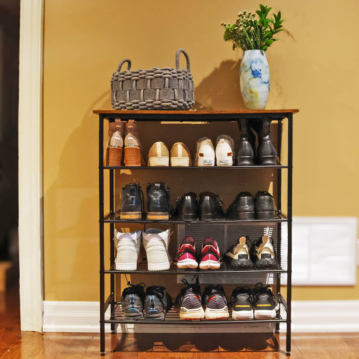 5 - Tier Metal Shoe Rack | Wood Top Shelf | Entryway Organizer | Homedude - HomeDude5 - Tier Metal Shoe Rack | Wood Top Shelf | Entryway Organizer | HomedudeShoe RackHomeDude