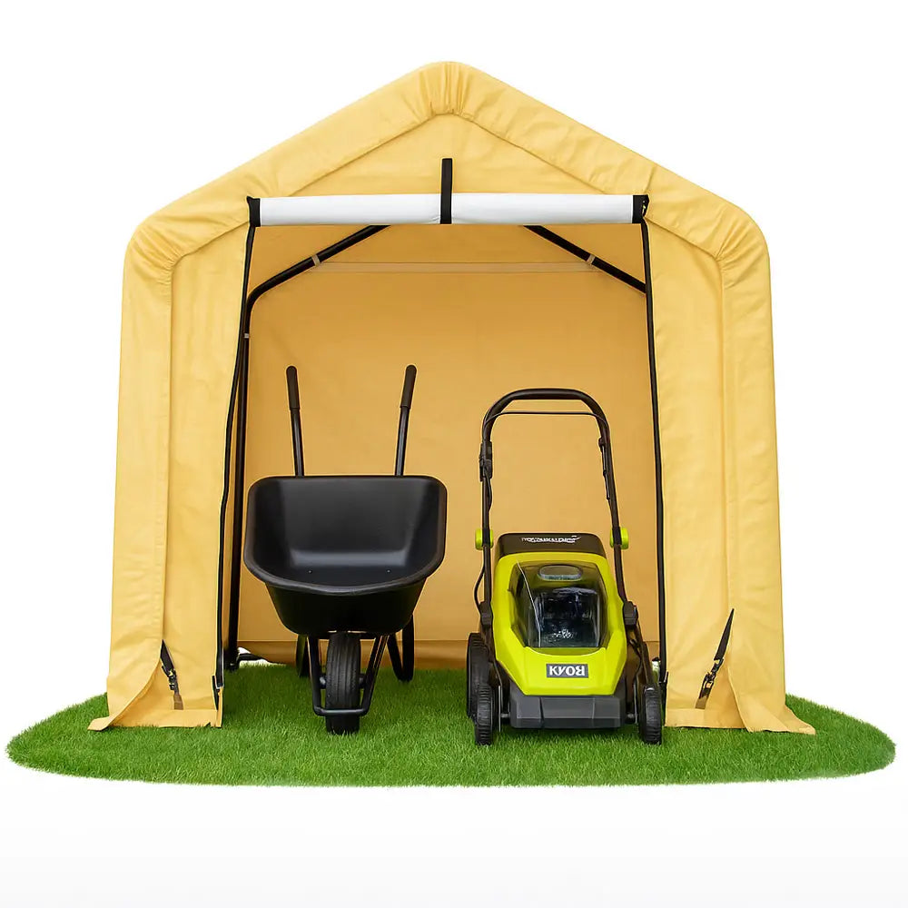Yellow storage tent with a wheelbarrow and lawn mower on grass