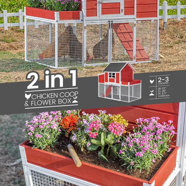 2-in-1 chicken coop and flower box with plants and flowers.