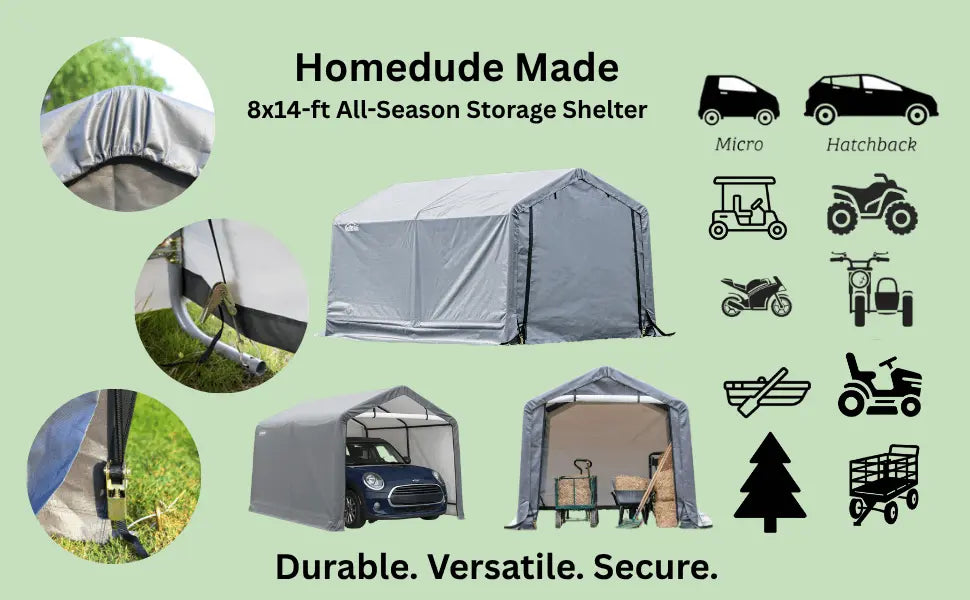 Homedude 8x14-ft all-season storage shelter infographic highlighting weatherproof tarp, steel frame, and versatile uses.