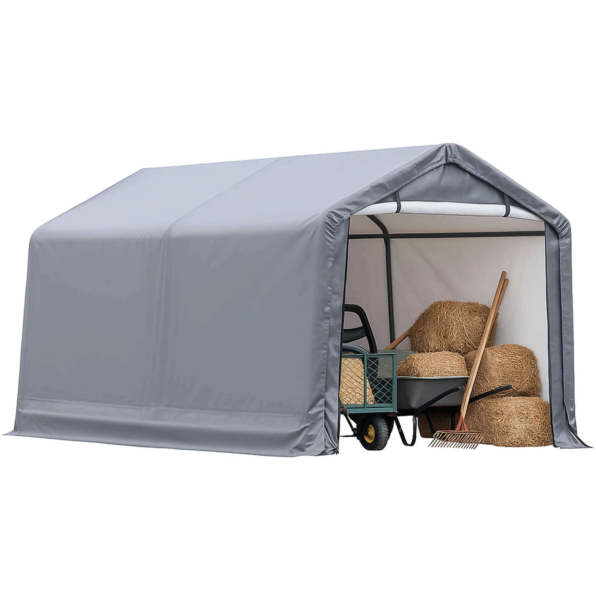 Heavy-duty 8x14-ft storage shelter with grey UV-resistant cover used for storing hay and tools.