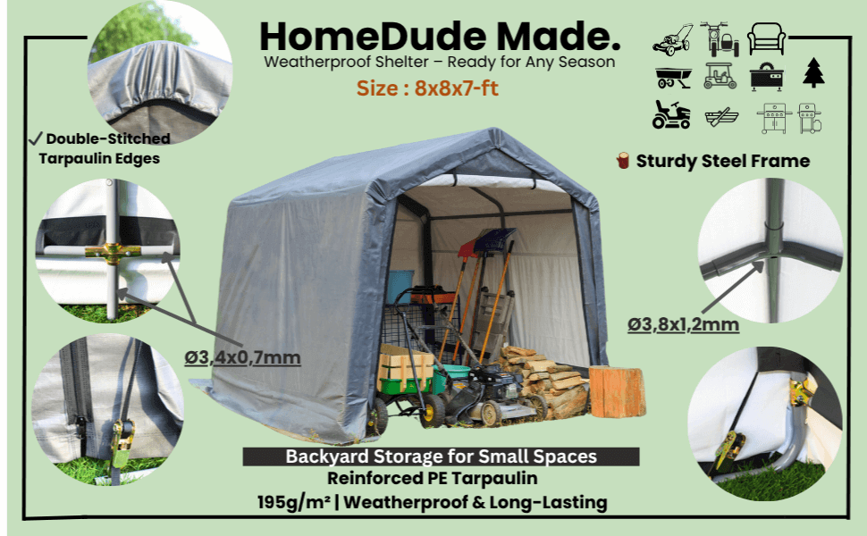 Feature overview of 8x8-ft storage shed with ventilation, anchoring, and steel frame