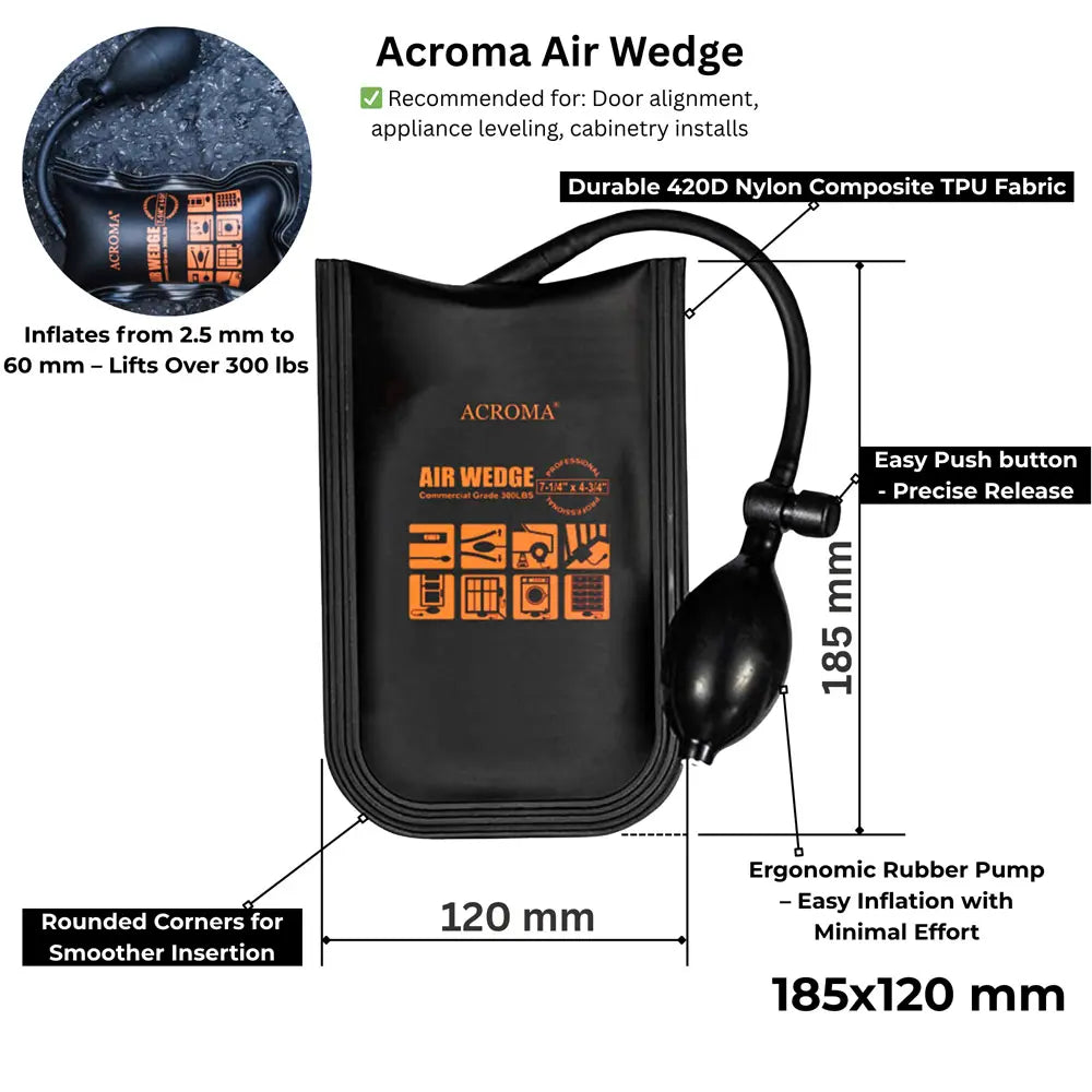 Acroma Air Wedge with features and dimensions on a white background