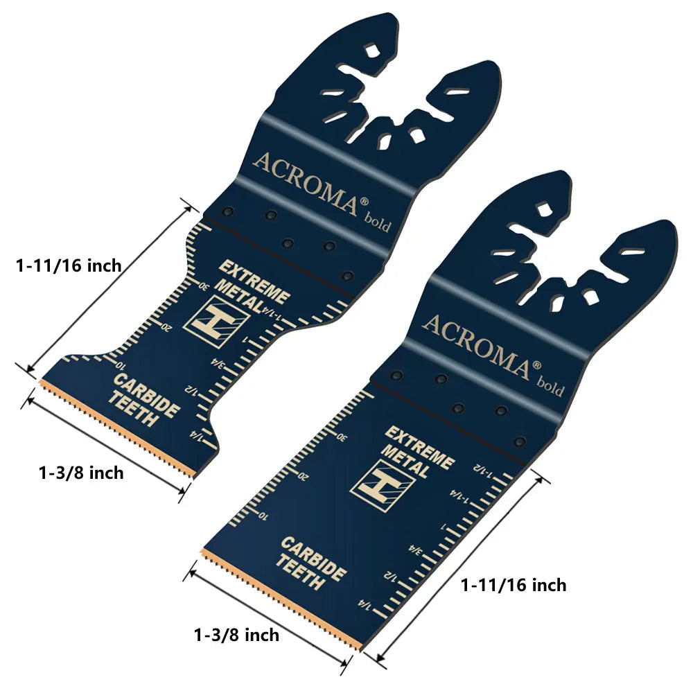 Two ACROMA bold extreme metal oscillating tool blades with measurements on a white background