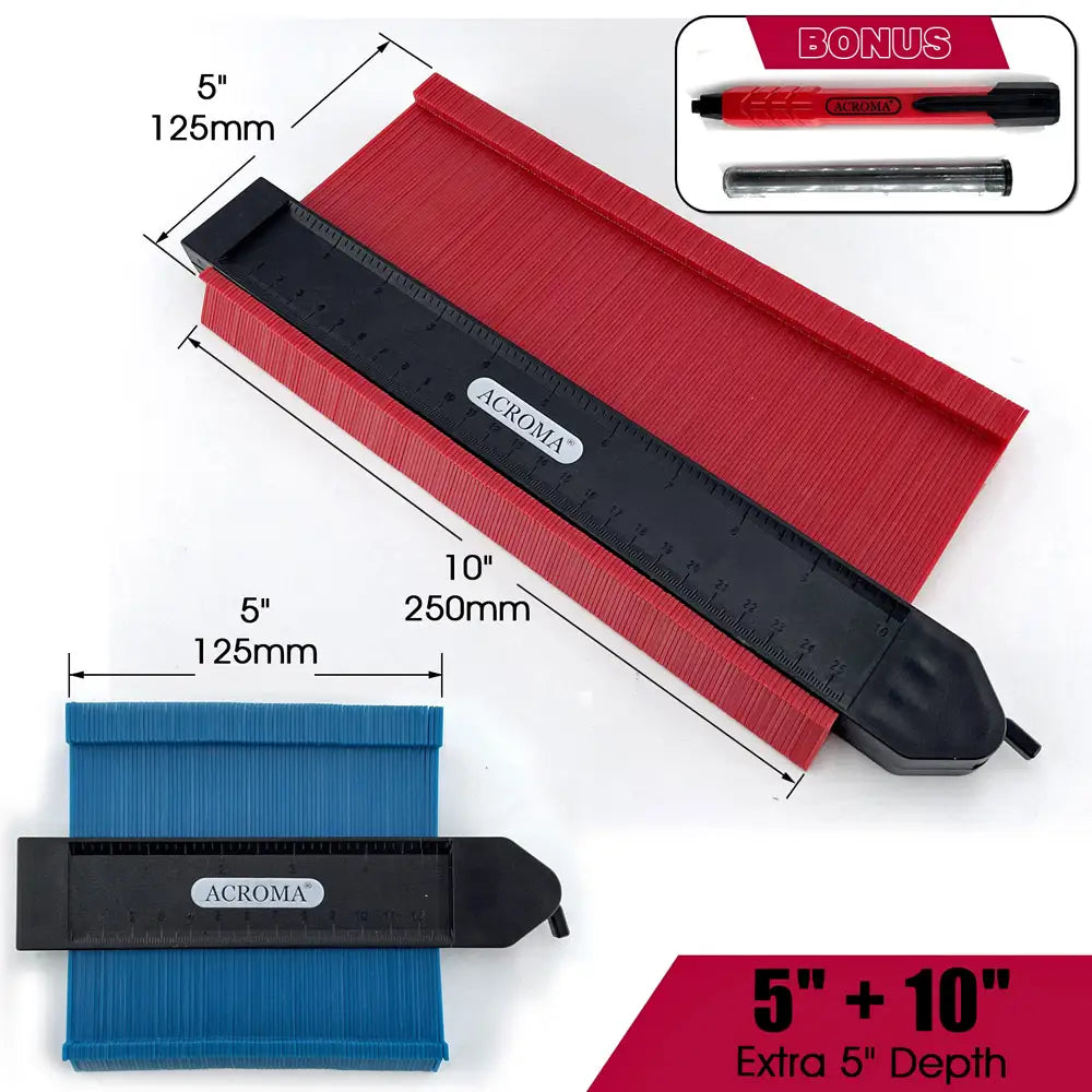 Red and blue paper trimmers with measurements and additional tools on a white background