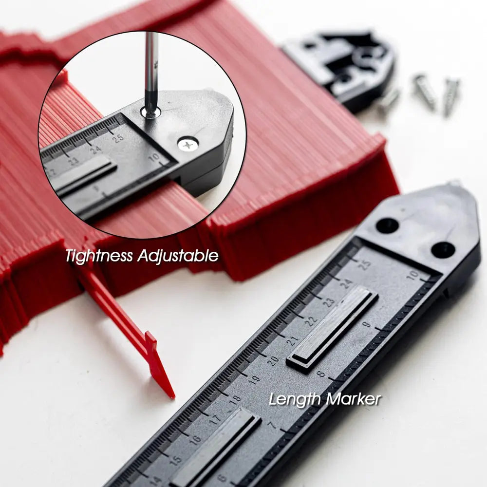 Measurement tool with red handle and black scale on a white background