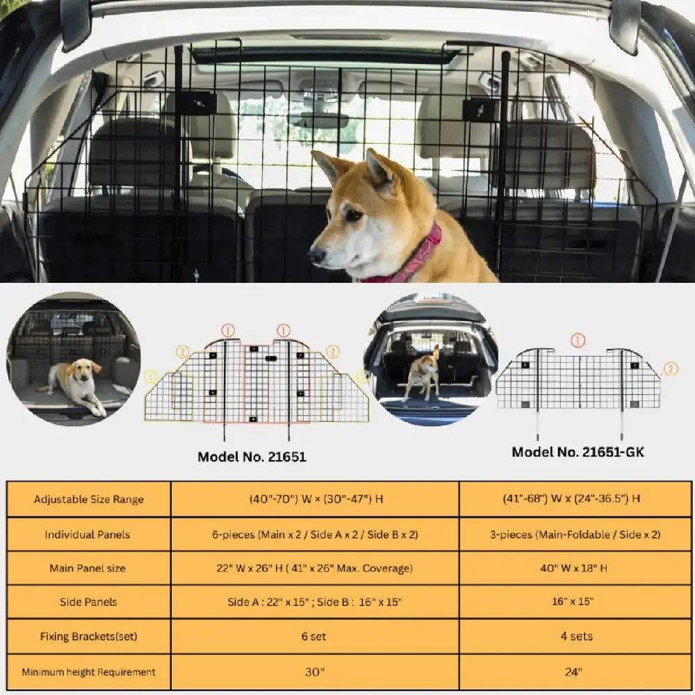 Comparison chart of HomeDude pet barrier Model 21651 and 21651-GK with dimensions and parts.