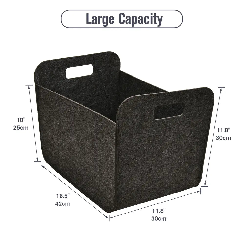 Black storage bin with dimensions labeled on a white background