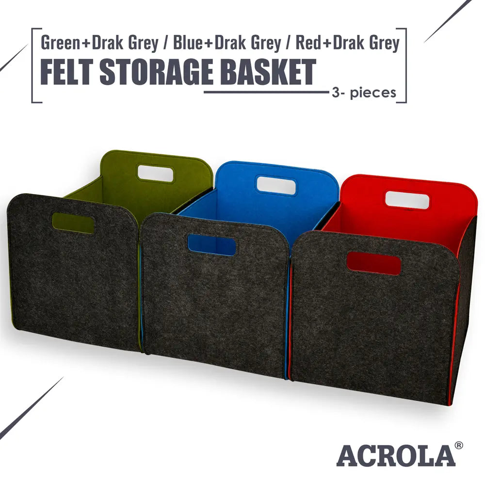Felt storage baskets in green, blue, and red with 'ACROLA' branding on a white background.