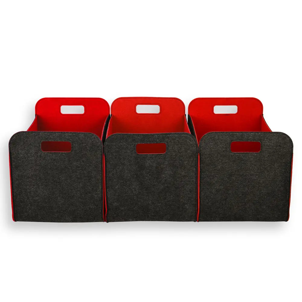 Car organizer with red top panels and gray bottom panels on a white background